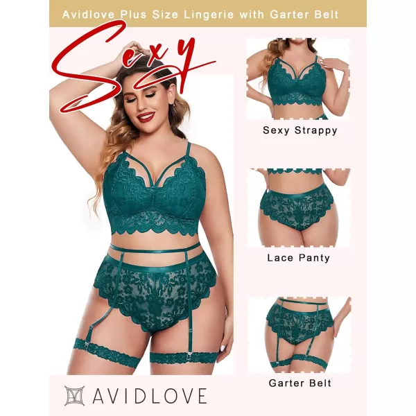 Avidlove Plus Size Lingerie for Women Floral Lace Scallop Trim Bra High Waist Panties Set Garter Lingerie SetDark Green