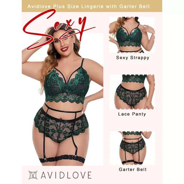 Avidlove Plus Size Lingerie for Women Floral Lace Scallop Trim Bra High Waist Panties Set Garter Lingerie SetGreen