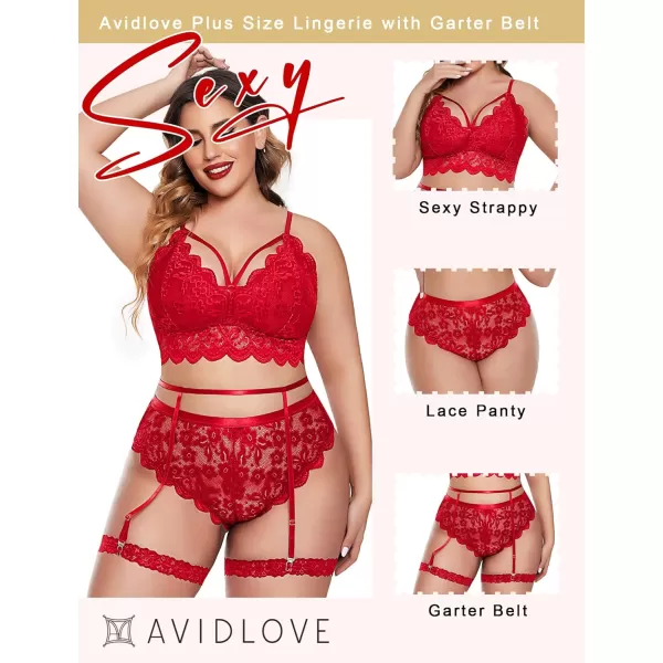 Avidlove Plus Size Lingerie for Women Floral Lace Scallop Trim Bra High Waist Panties Set Garter Lingerie SetPonceau