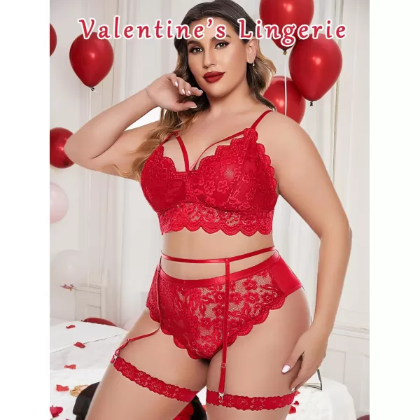 Avidlove Plus Size Lingerie for Women Floral Lace Scallop Trim Bra High Waist Panties Set Garter Lingerie SetPonceau