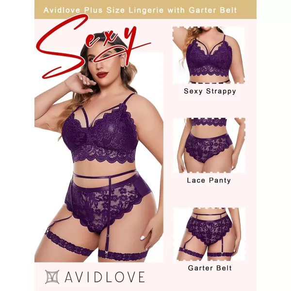 Avidlove Plus Size Lingerie for Women Floral Lace Scallop Trim Bra High Waist Panties Set Garter Lingerie SetPurple