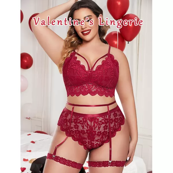 Avidlove Plus Size Lingerie for Women Floral Lace Scallop Trim Bra High Waist Panties Set Garter Lingerie SetWine Red
