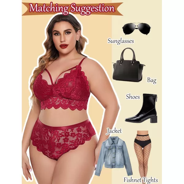 Avidlove Plus Size Lingerie for Women Floral Lace Scallop Trim Bra High Waist Panties Set Garter Lingerie SetWine Red