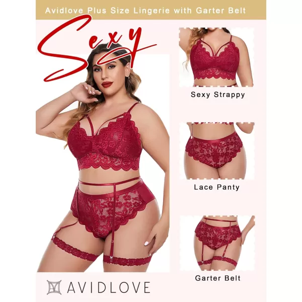 Avidlove Plus Size Lingerie for Women Floral Lace Scallop Trim Bra High Waist Panties Set Garter Lingerie SetWine Red