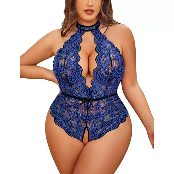 Avidlove Plus Size Lingerie for Women Lace Bodysuit Halter Teddy Babydoll Nightgown 1624 PlusBlackampblue1