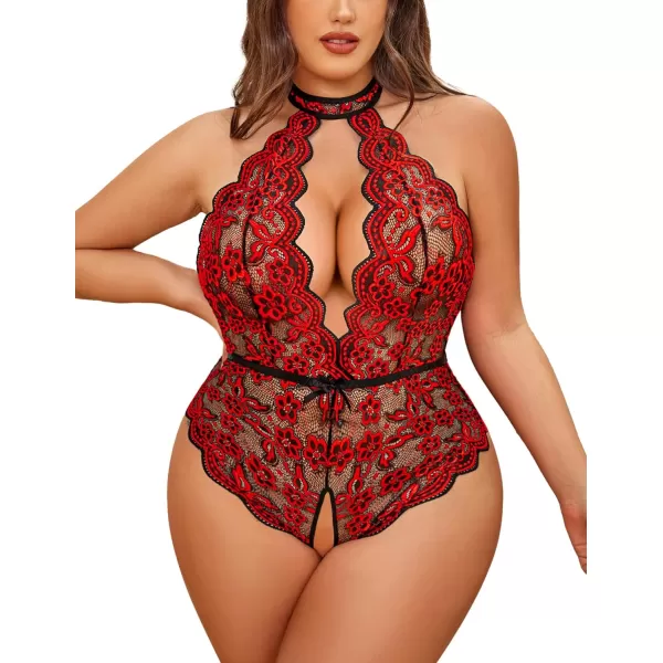 Avidlove Plus Size Lingerie for Women Lace Bodysuit Halter Teddy Babydoll Nightgown 1624 PlusBlackampredplus Size