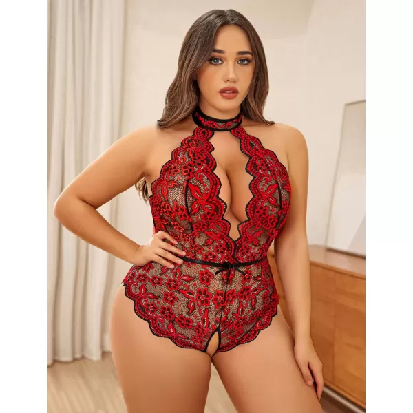 Avidlove Plus Size Lingerie for Women Lace Bodysuit Halter Teddy Babydoll Nightgown 1624 PlusBlackampredplus Size