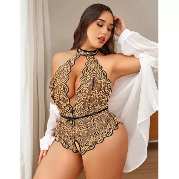 Avidlove Plus Size Lingerie for Women Lace Bodysuit Halter Teddy Babydoll Nightgown 1624 PlusBlackampskinplus Size