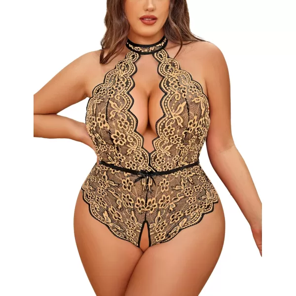 Avidlove Plus Size Lingerie for Women Lace Bodysuit Halter Teddy Babydoll Nightgown 1624 PlusBlackampskinplus Size