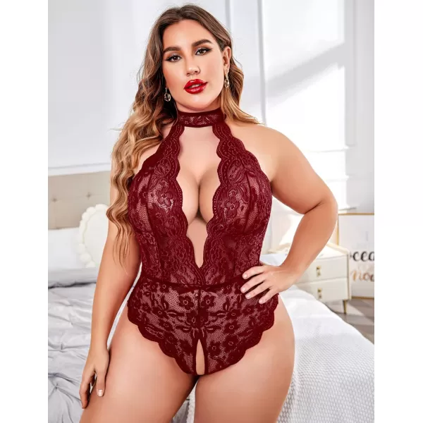 Avidlove Plus Size Lingerie for Women Lace Bodysuit Halter Teddy Babydoll Nightgown 1624 PlusDark Redplus Size