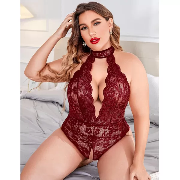 Avidlove Plus Size Lingerie for Women Lace Bodysuit Halter Teddy Babydoll Nightgown 1624 PlusDark Redplus Size