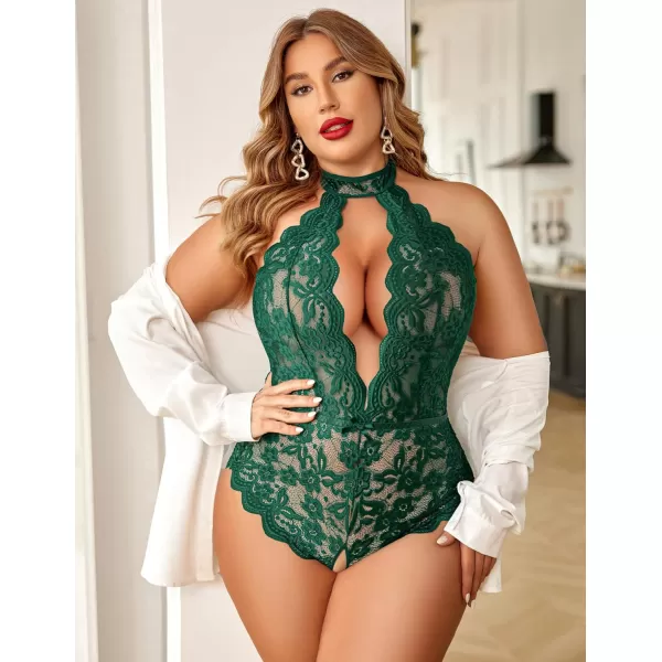 Avidlove Plus Size Lingerie for Women Lace Bodysuit Halter Teddy Babydoll Nightgown 1624 PlusGreen1