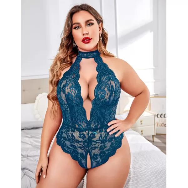 Avidlove Plus Size Lingerie for Women Lace Bodysuit Halter Teddy Babydoll Nightgown 1624 PlusPeacock Blue1