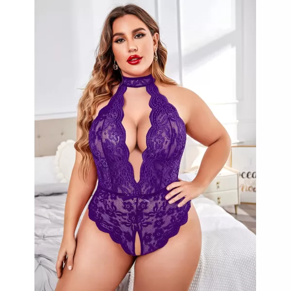 Avidlove Plus Size Lingerie for Women Lace Bodysuit Halter Teddy Babydoll Nightgown 1624 PlusPurple1