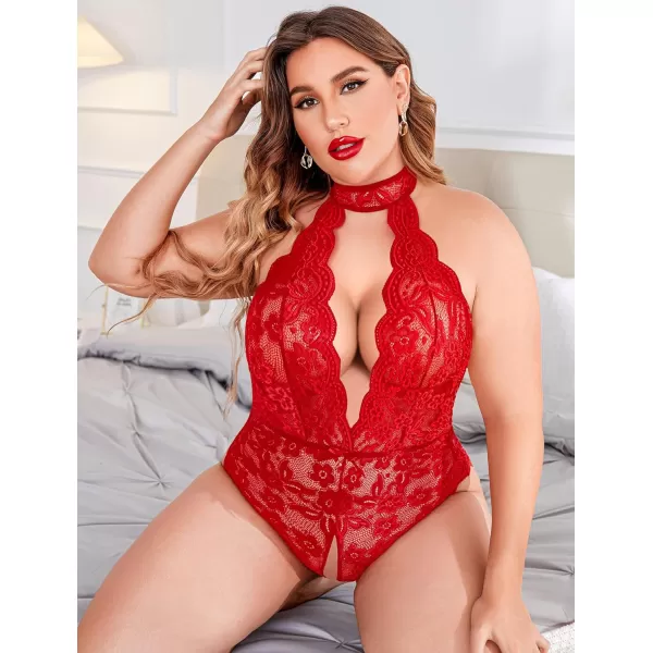 Avidlove Plus Size Lingerie for Women Lace Bodysuit Halter Teddy Babydoll Nightgown 1624 PlusRed1