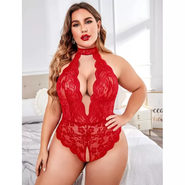 Avidlove Plus Size Lingerie for Women Lace Bodysuit Halter Teddy Babydoll Nightgown 1624 PlusRed1