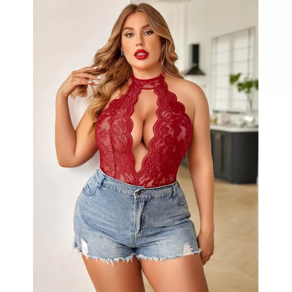 Avidlove Plus Size Lingerie for Women Lace Bodysuit Halter Teddy Babydoll Nightgown 1624 PlusWine Red1