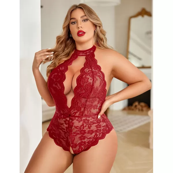 Avidlove Plus Size Lingerie for Women Lace Bodysuit Halter Teddy Babydoll Nightgown 1624 PlusWine Red1