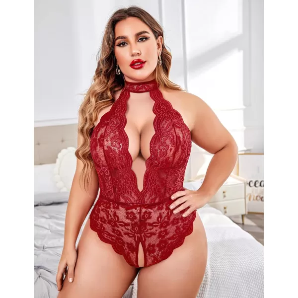 Avidlove Plus Size Lingerie for Women Lace Bodysuit Halter Teddy Babydoll Nightgown 1624 PlusWine Redplus Size