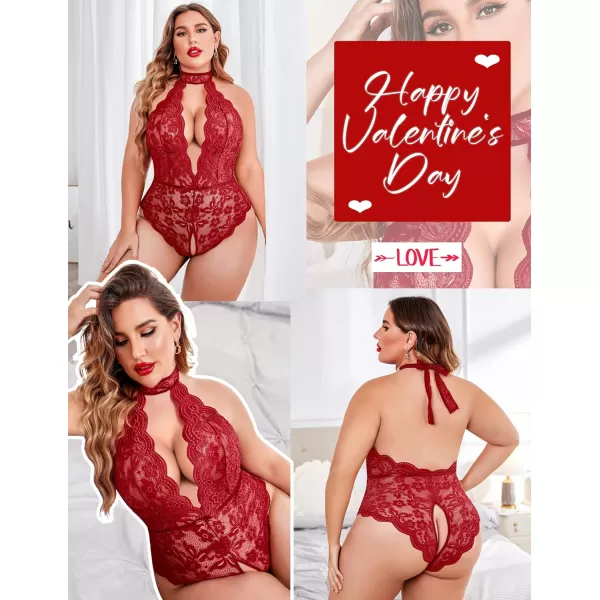 Avidlove Plus Size Lingerie for Women Lace Bodysuit Halter Teddy Babydoll Nightgown 1624 PlusWine Redplus Size