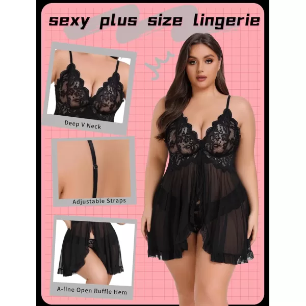 Avidlove Plus Size Lingerie for Women Sexy Lingerie Dress Lace Babydoll Lingerie VNeck Open Front Strap NightdressBlack