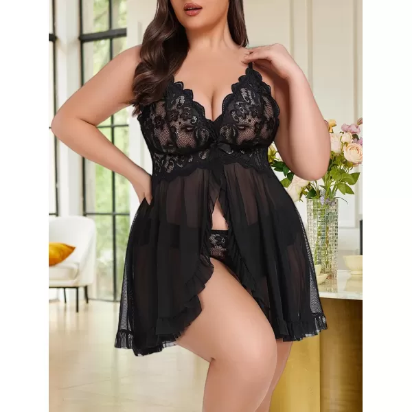 Avidlove Plus Size Lingerie for Women Sexy Lingerie Dress Lace Babydoll Lingerie VNeck Open Front Strap NightdressBlack