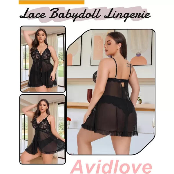 Avidlove Plus Size Lingerie for Women Sexy Lingerie Dress Lace Babydoll Lingerie VNeck Open Front Strap NightdressBlack