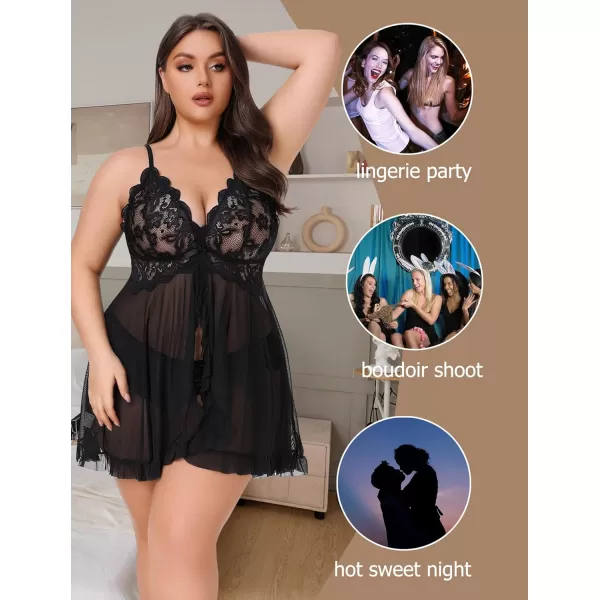 Avidlove Plus Size Lingerie for Women Sexy Lingerie Dress Lace Babydoll Lingerie VNeck Open Front Strap NightdressBlack