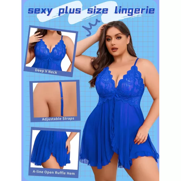 Avidlove Plus Size Lingerie for Women Sexy Lingerie Dress Lace Babydoll Lingerie VNeck Open Front Strap NightdressBlue