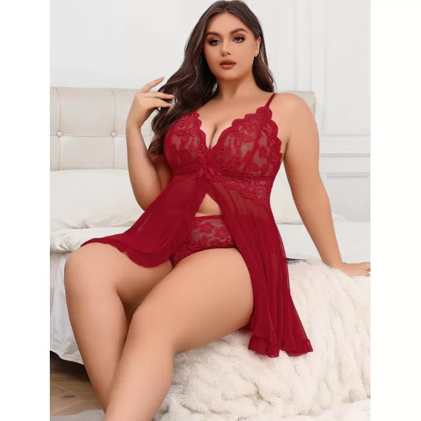 Avidlove Plus Size Lingerie for Women Sexy Lingerie Dress Lace Babydoll Lingerie VNeck Open Front Strap NightdressBurgundy