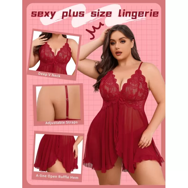 Avidlove Plus Size Lingerie for Women Sexy Lingerie Dress Lace Babydoll Lingerie VNeck Open Front Strap NightdressBurgundy