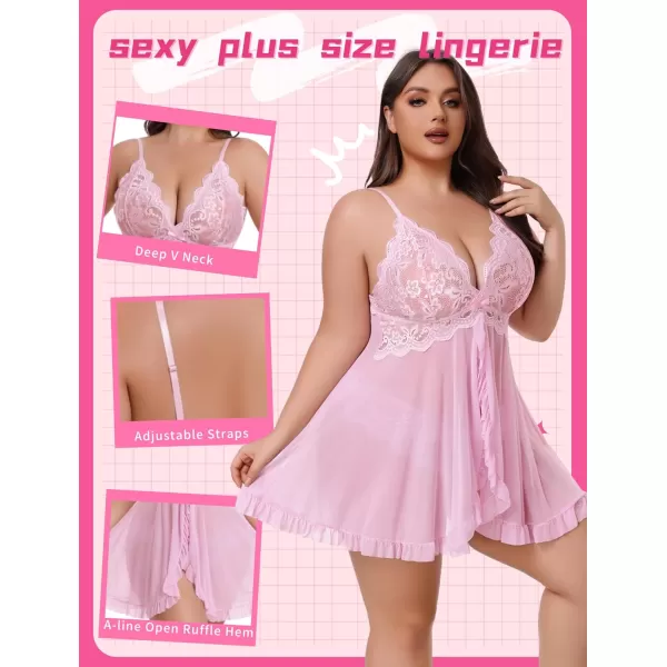 Avidlove Plus Size Lingerie for Women Sexy Lingerie Dress Lace Babydoll Lingerie VNeck Open Front Strap NightdressPink