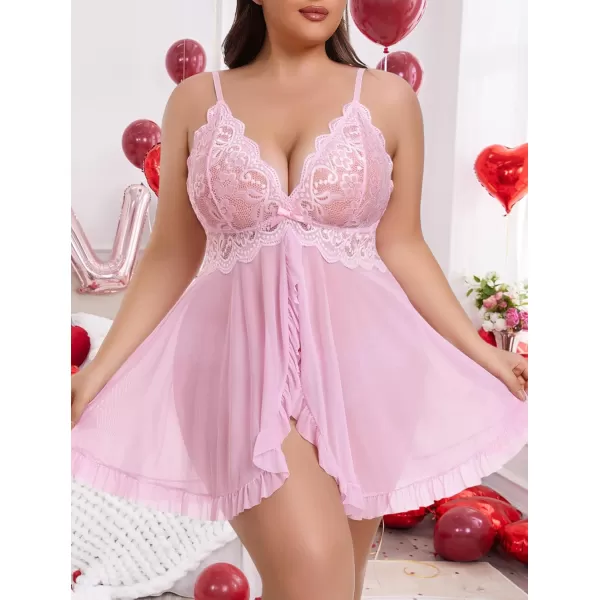 Avidlove Plus Size Lingerie for Women Sexy Lingerie Dress Lace Babydoll Lingerie VNeck Open Front Strap NightdressPink