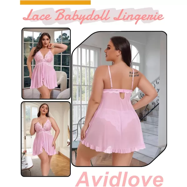 Avidlove Plus Size Lingerie for Women Sexy Lingerie Dress Lace Babydoll Lingerie VNeck Open Front Strap NightdressPink