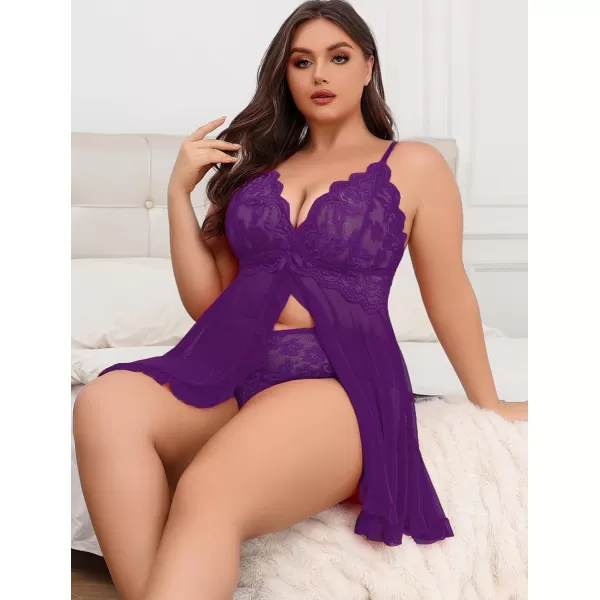 Avidlove Plus Size Lingerie for Women Sexy Lingerie Dress Lace Babydoll Lingerie VNeck Open Front Strap NightdressPurple