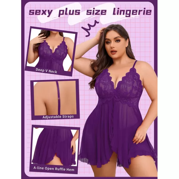 Avidlove Plus Size Lingerie for Women Sexy Lingerie Dress Lace Babydoll Lingerie VNeck Open Front Strap NightdressPurple