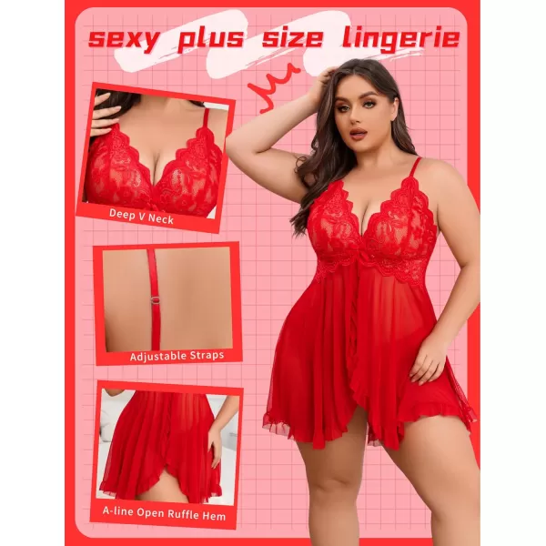 Avidlove Plus Size Lingerie for Women Sexy Lingerie Dress Lace Babydoll Lingerie VNeck Open Front Strap NightdressRed