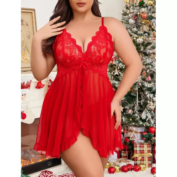 Avidlove Plus Size Lingerie for Women Sexy Lingerie Dress Lace Babydoll Lingerie VNeck Open Front Strap NightdressRed