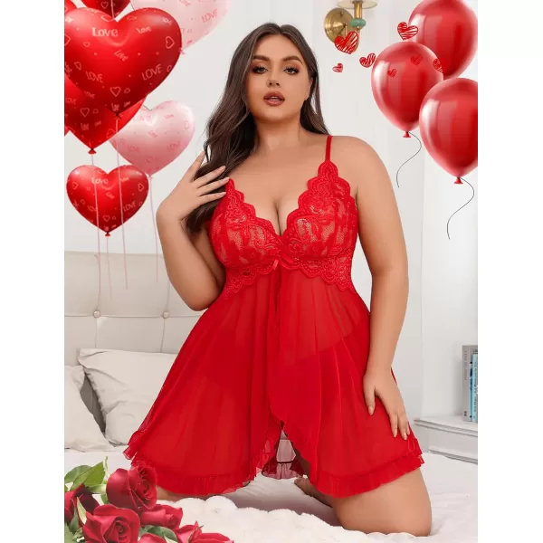 Avidlove Plus Size Lingerie for Women Sexy Lingerie Dress Lace Babydoll Lingerie VNeck Open Front Strap NightdressRed