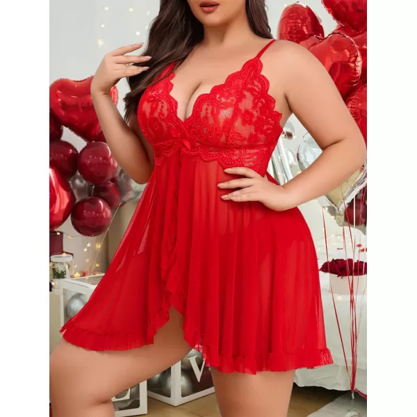 Avidlove Plus Size Lingerie for Women Sexy Lingerie Dress Lace Babydoll Lingerie VNeck Open Front Strap NightdressRed