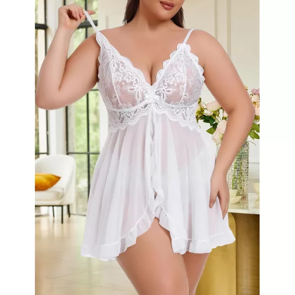 Avidlove Plus Size Lingerie for Women Sexy Lingerie Dress Lace Babydoll Lingerie VNeck Open Front Strap NightdressWhite