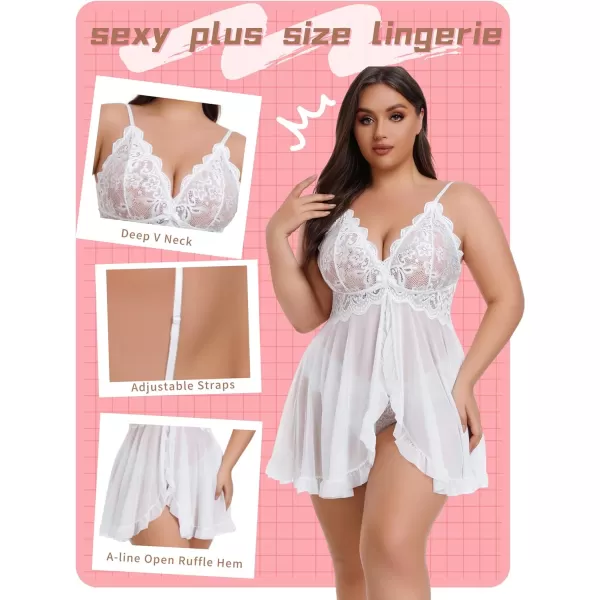 Avidlove Plus Size Lingerie for Women Sexy Lingerie Dress Lace Babydoll Lingerie VNeck Open Front Strap NightdressWhite