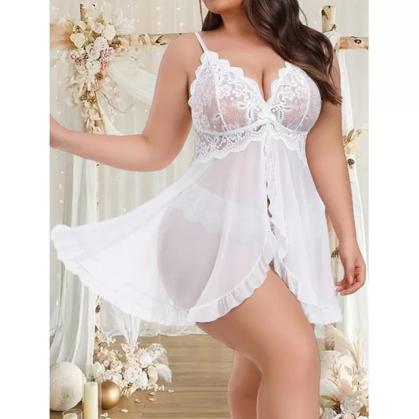 Avidlove Plus Size Lingerie for Women Sexy Lingerie Dress Lace Babydoll Lingerie VNeck Open Front Strap NightdressWhite