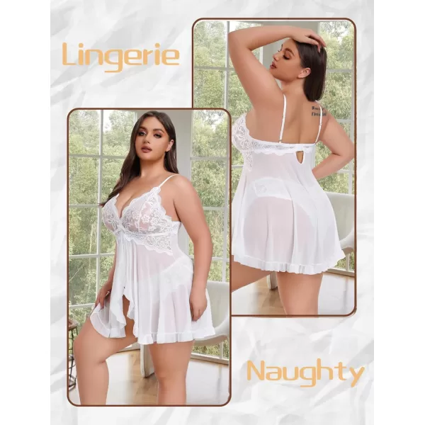 Avidlove Plus Size Lingerie for Women Sexy Lingerie Dress Lace Babydoll Lingerie VNeck Open Front Strap NightdressWhite