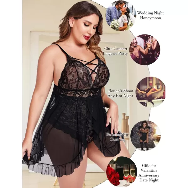 Avidlove Plus Size Lingerie for Women Sexy Snap Crotch Babydoll Lace Chemise Curvy Strappy Ruffle L4XLBlack