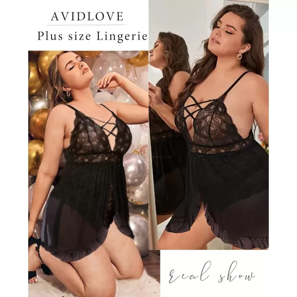 Avidlove Plus Size Lingerie for Women Sexy Snap Crotch Babydoll Lace Chemise Curvy Strappy Ruffle L4XLBlack