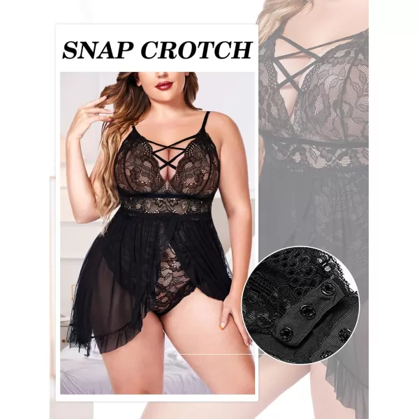 Avidlove Plus Size Lingerie for Women Sexy Snap Crotch Babydoll Lace Chemise Curvy Strappy Ruffle L4XLBlack