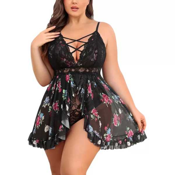 Avidlove Plus Size Lingerie for Women Sexy Snap Crotch Babydoll Lace Chemise Curvy Strappy Ruffle L4XLBlack Flower