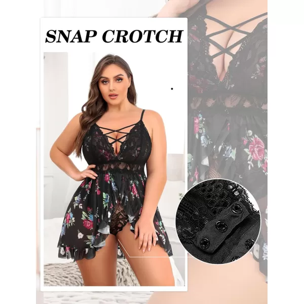 Avidlove Plus Size Lingerie for Women Sexy Snap Crotch Babydoll Lace Chemise Curvy Strappy Ruffle L4XLBlack Flower