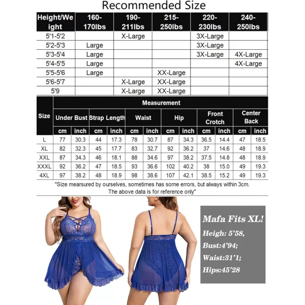 Avidlove Plus Size Lingerie for Women Sexy Snap Crotch Babydoll Lace Chemise Curvy Strappy Ruffle L4XLBlue